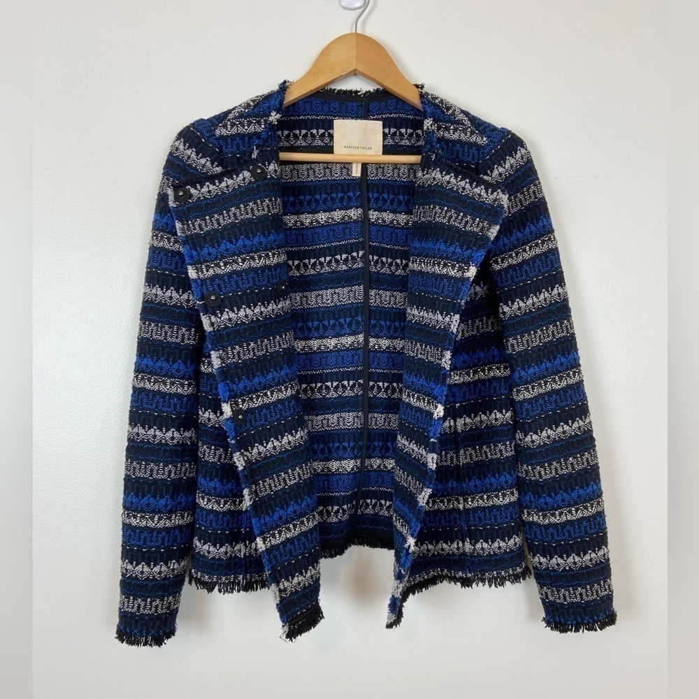Rebecca Taylor Tweed Blue Fringe Trim Woven Blazer ASO Kate Middleton Old Money